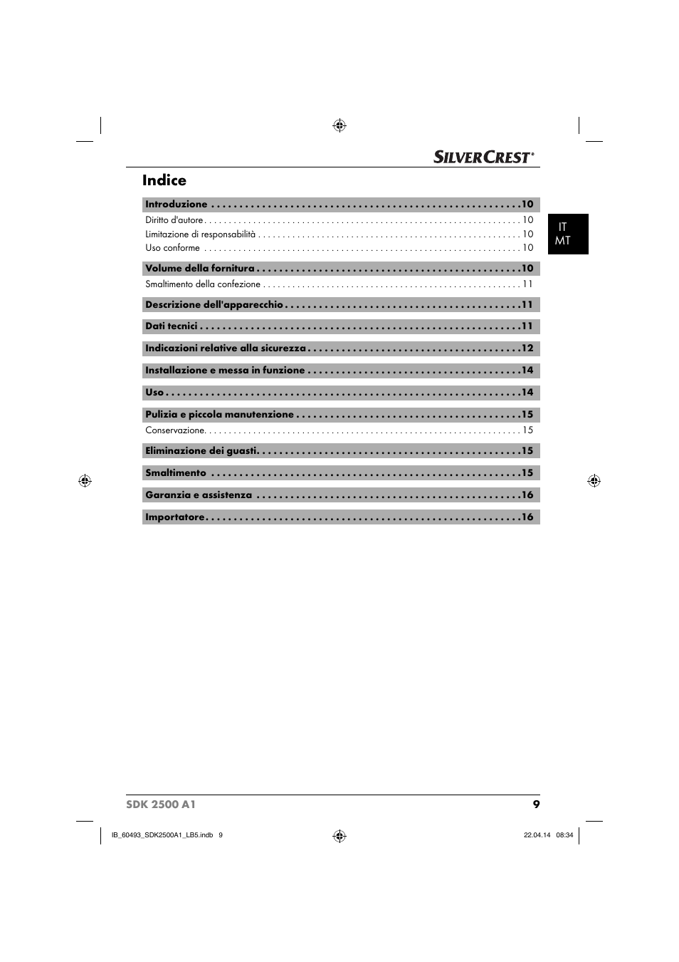 Indice, It mt | Silvercrest SDK 2500 A1 User Manual | Page 12 / 46