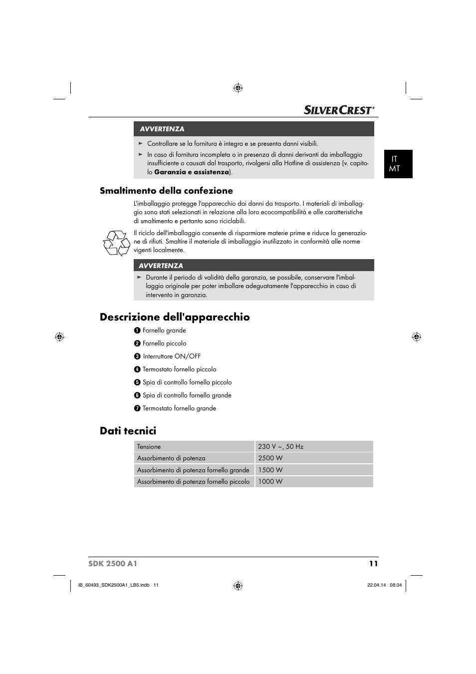 Descrizione dell'apparecchio, Dati tecnici, Smaltimento della confezione | It mt | Silvercrest SDK 2500 A1 User Manual | Page 14 / 46