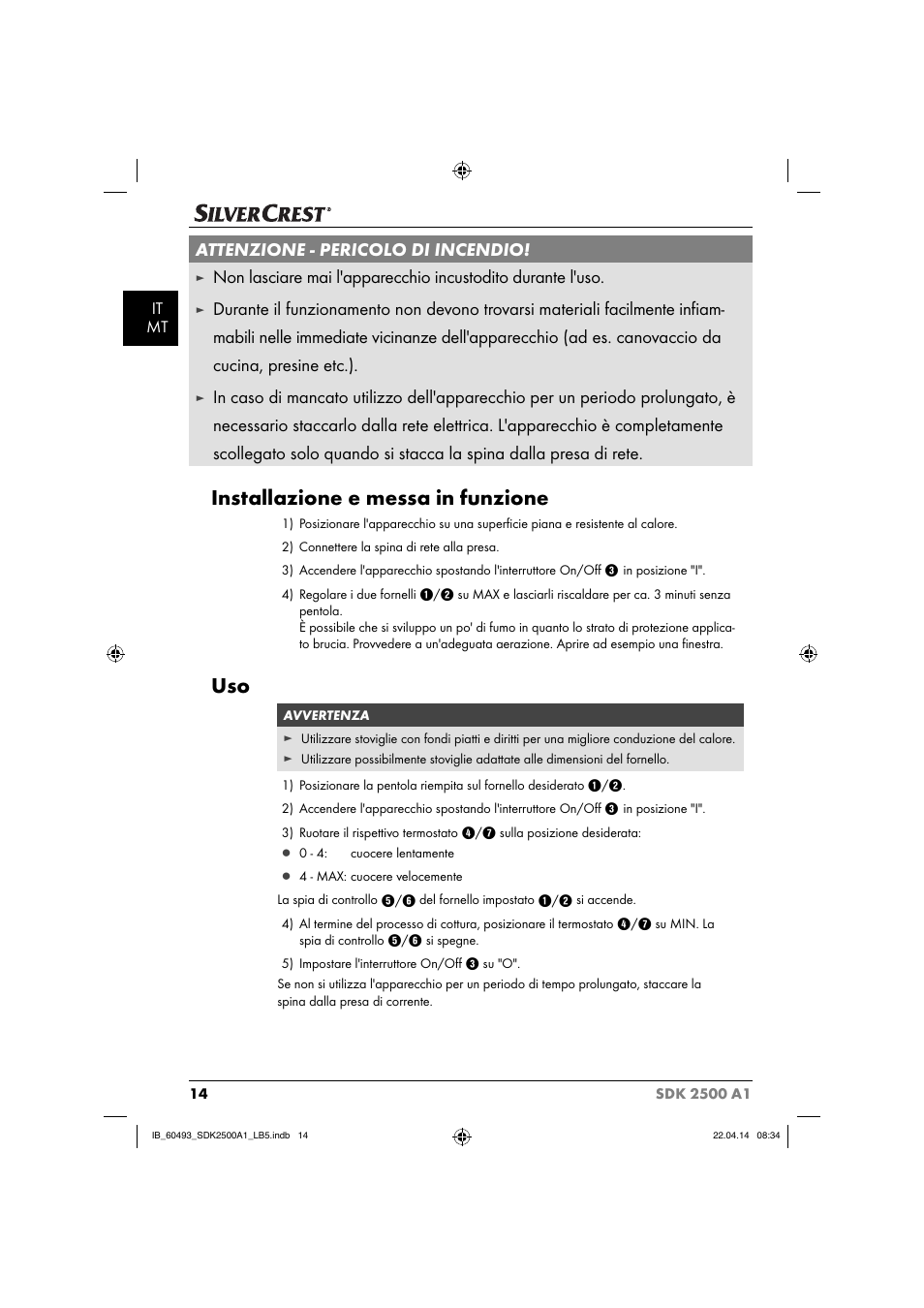 Installazione e messa in funzione, Attenzione - pericolo di incendio, It mt | Silvercrest SDK 2500 A1 User Manual | Page 17 / 46