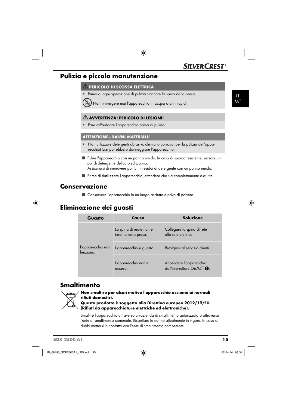 Pulizia e piccola manutenzione, Conservazione, Eliminazione dei guasti | Smaltimento, It mt | Silvercrest SDK 2500 A1 User Manual | Page 18 / 46