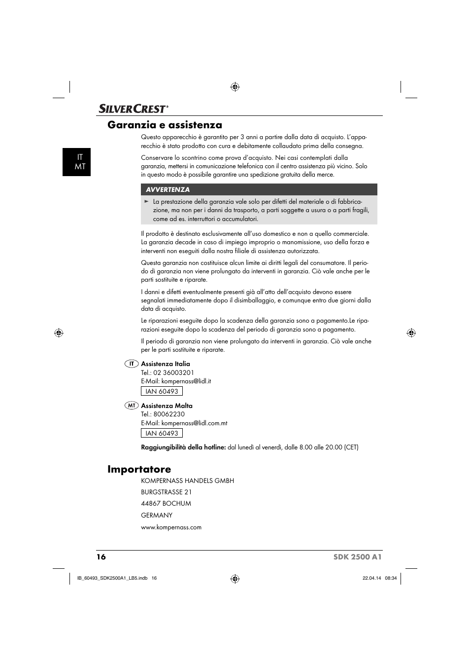 Garanzia e assistenza, Importatore, It mt | Silvercrest SDK 2500 A1 User Manual | Page 19 / 46