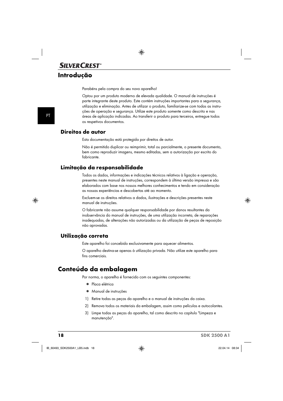 Introdução, Conteúdo da embalagem, Direitos de autor | Limitação da responsabilidade, Utilização correta | Silvercrest SDK 2500 A1 User Manual | Page 21 / 46