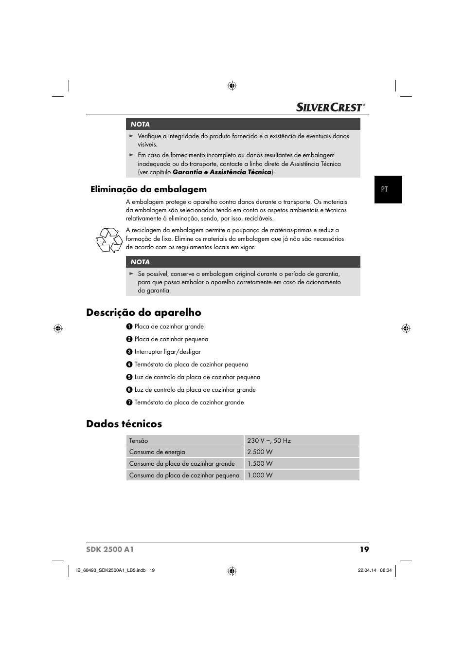 Descrição do aparelho, Dados técnicos, Eliminação da embalagem | Silvercrest SDK 2500 A1 User Manual | Page 22 / 46