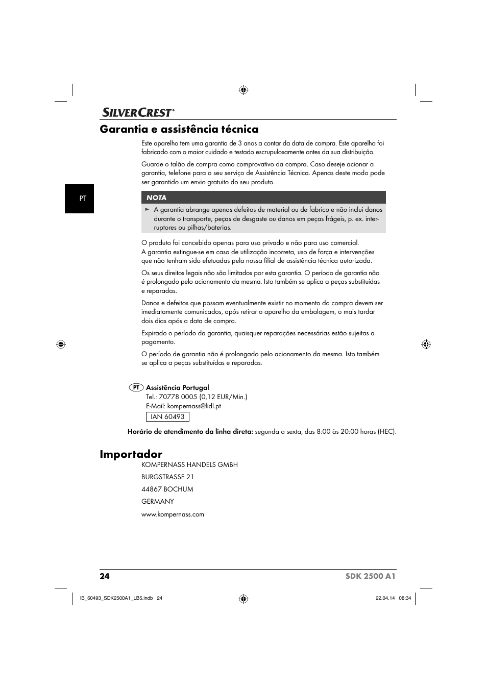 Garantia e assistência técnica, Importador | Silvercrest SDK 2500 A1 User Manual | Page 27 / 46