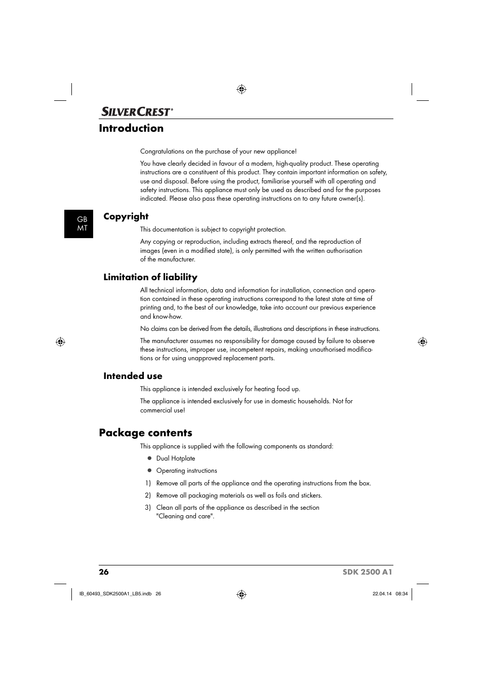 Introduction, Package contents, Copyright | Limitation of liability, Intended use | Silvercrest SDK 2500 A1 User Manual | Page 29 / 46