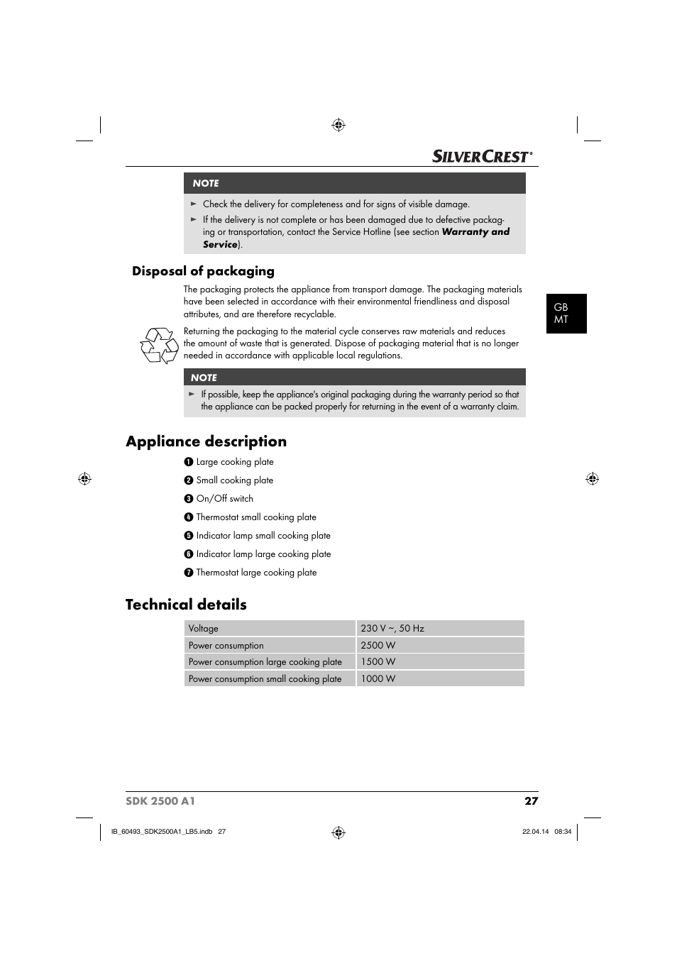 Appliance description, Technical details, Disposal of packaging | Silvercrest SDK 2500 A1 User Manual | Page 30 / 46
