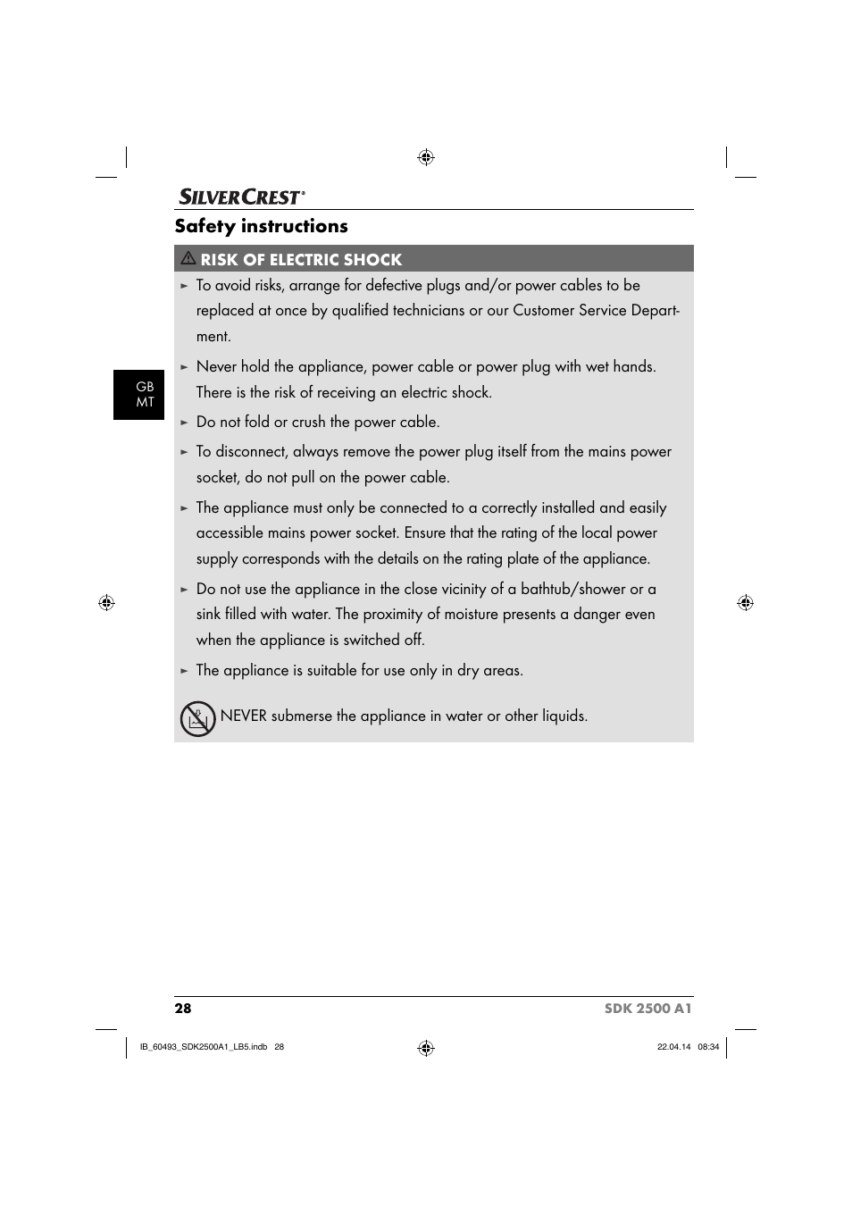 Safety instructions, Risk of electric shock, Do not fold or crush the power cable | Silvercrest SDK 2500 A1 User Manual | Page 31 / 46