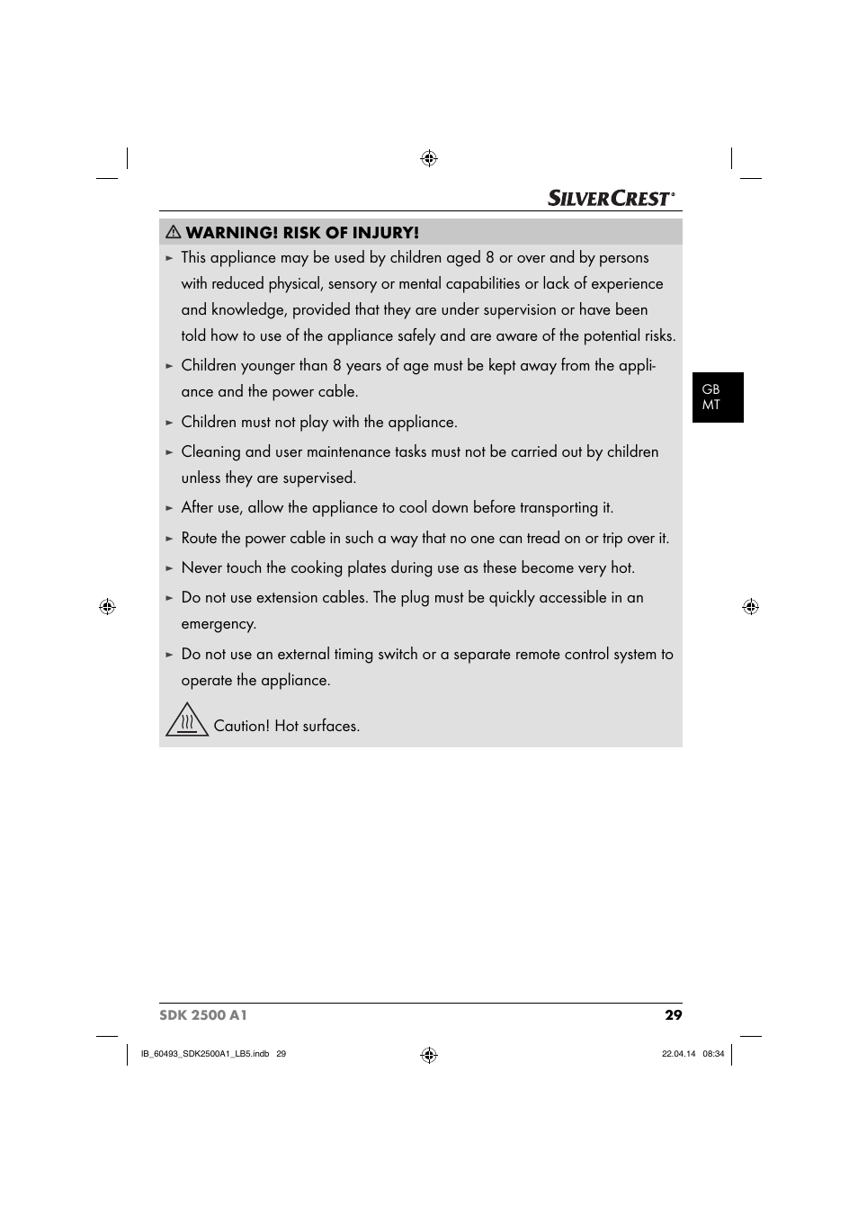 Warning! risk of injury, Children must not play with the appliance | Silvercrest SDK 2500 A1 User Manual | Page 32 / 46