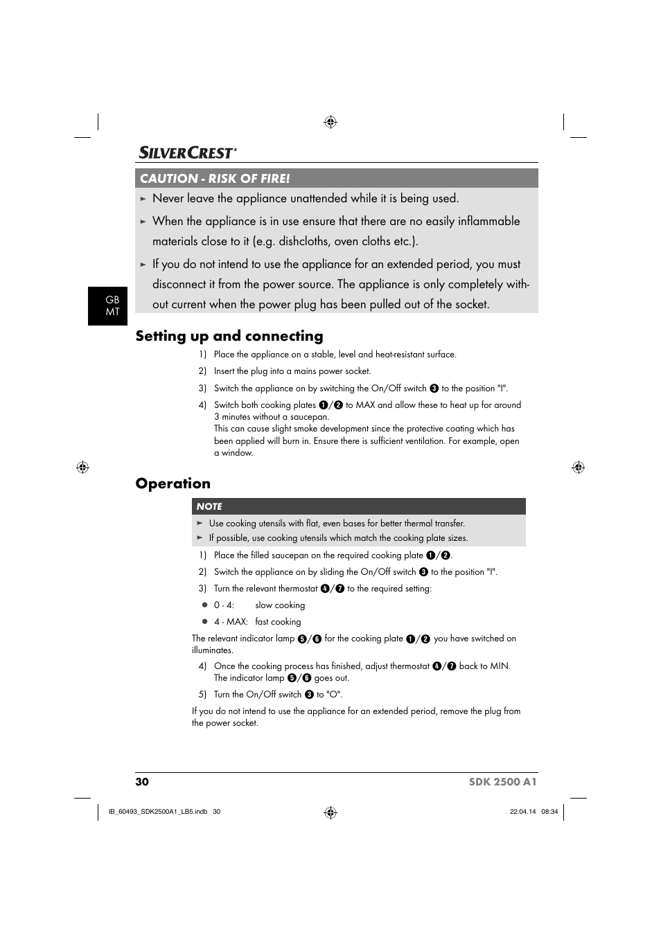 Setting up and connecting, Operation, Caution - risk of fire | Silvercrest SDK 2500 A1 User Manual | Page 33 / 46
