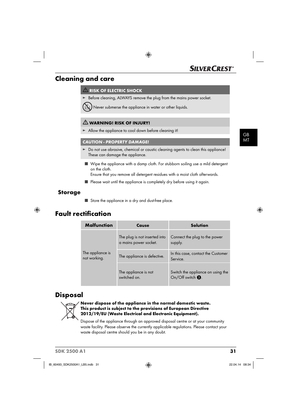 Cleaning and care, Fault rectiﬁ cation, Disposal | Storage | Silvercrest SDK 2500 A1 User Manual | Page 34 / 46