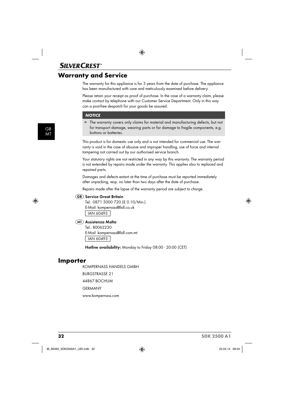 Warranty and service, Importer | Silvercrest SDK 2500 A1 User Manual | Page 35 / 46