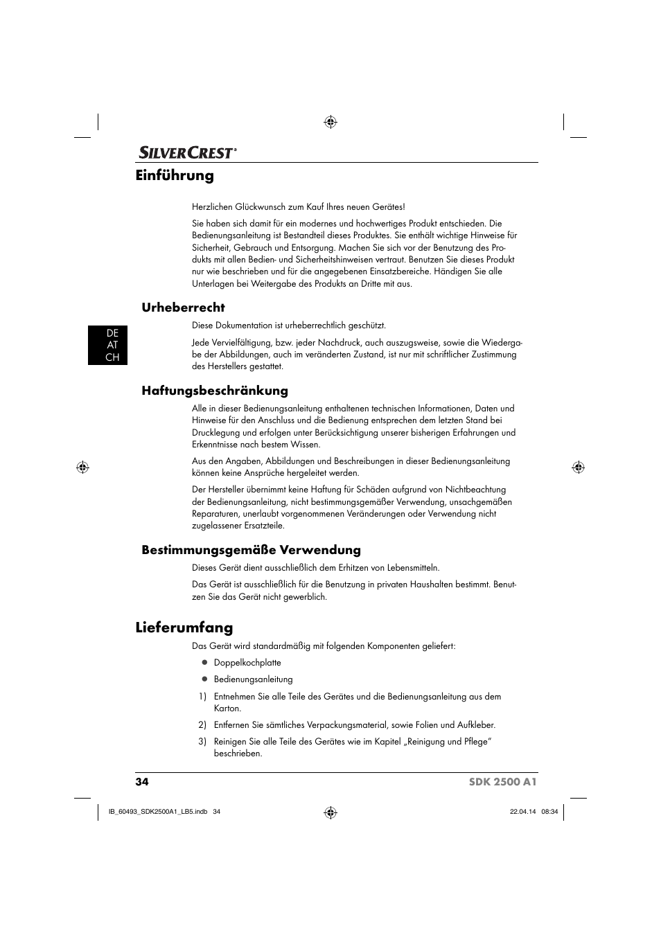 Einführung, Lieferumfang, Urheberrecht | Haftungsbeschränkung, Bestimmungsgemäße verwendung | Silvercrest SDK 2500 A1 User Manual | Page 37 / 46