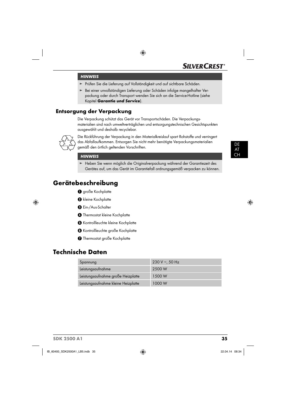 Gerätebeschreibung, Technische daten, Entsorgung der verpackung | Silvercrest SDK 2500 A1 User Manual | Page 38 / 46