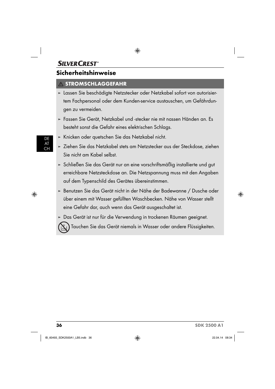 Sicherheitshinweise, Stromschlaggefahr, Knicken oder quetschen sie das netzkabel nicht | Silvercrest SDK 2500 A1 User Manual | Page 39 / 46