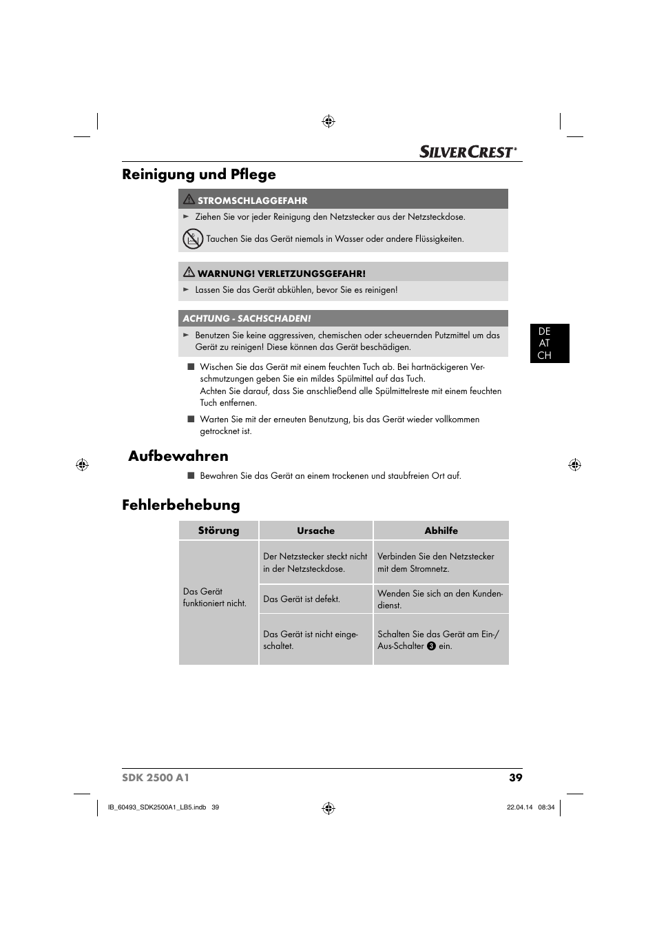 Reinigung und pﬂ ege, Aufbewahren, Fehlerbehebung | Silvercrest SDK 2500 A1 User Manual | Page 42 / 46