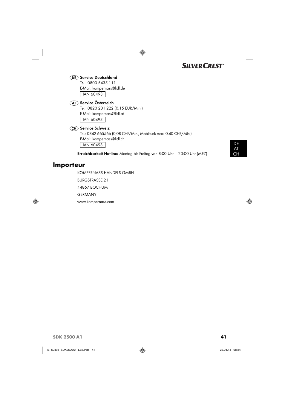 Importeur | Silvercrest SDK 2500 A1 User Manual | Page 44 / 46