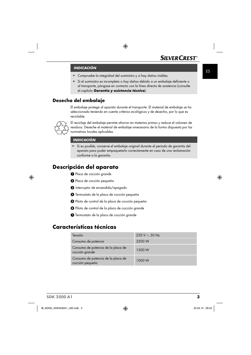 Descripción del aparato, Características técnicas, Desecho del embalaje | Silvercrest SDK 2500 A1 User Manual | Page 6 / 46