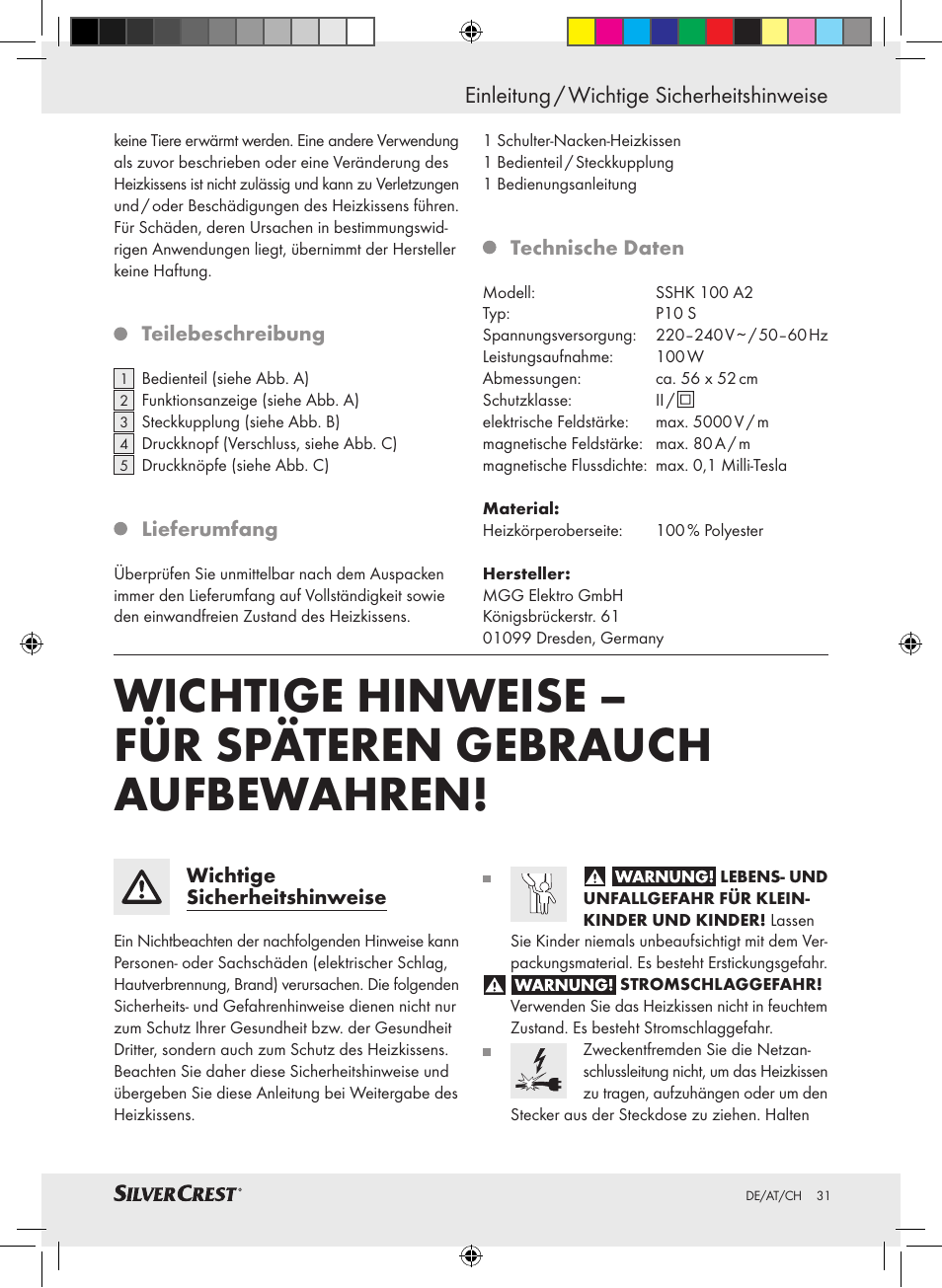 Einleitung / wichtige sicherheitshinweise | Silvercrest SSHK 100 A2 User Manual | Page 27 / 32