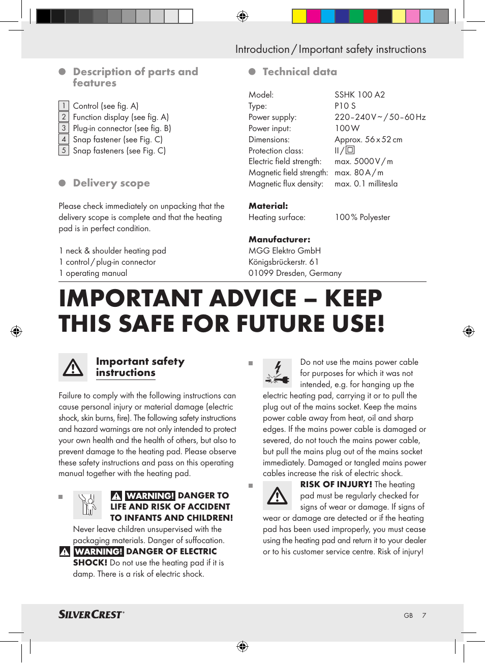 Important advice – keep this safe for future use, Introduction / important safety instructions | Silvercrest SSHK 100 A2 User Manual | Page 3 / 32