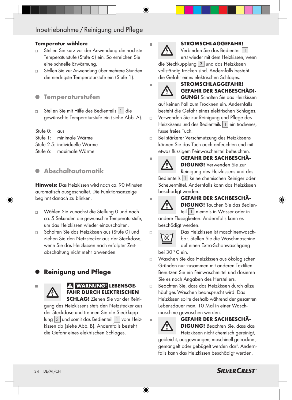 Inbetriebnahme / reinigung und pflege, Temperaturstufen, Abschaltautomatik | Reinigung und pflege | Silvercrest SSHK 100 A2 User Manual | Page 30 / 32