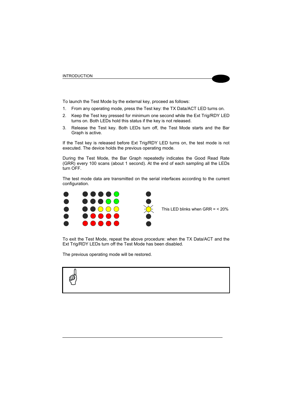 Activating test operating mode, Refer to par. 1.5.2, 2 activating test operating mode | Datalogic Scanning DS1500 User Manual | Page 17 / 65