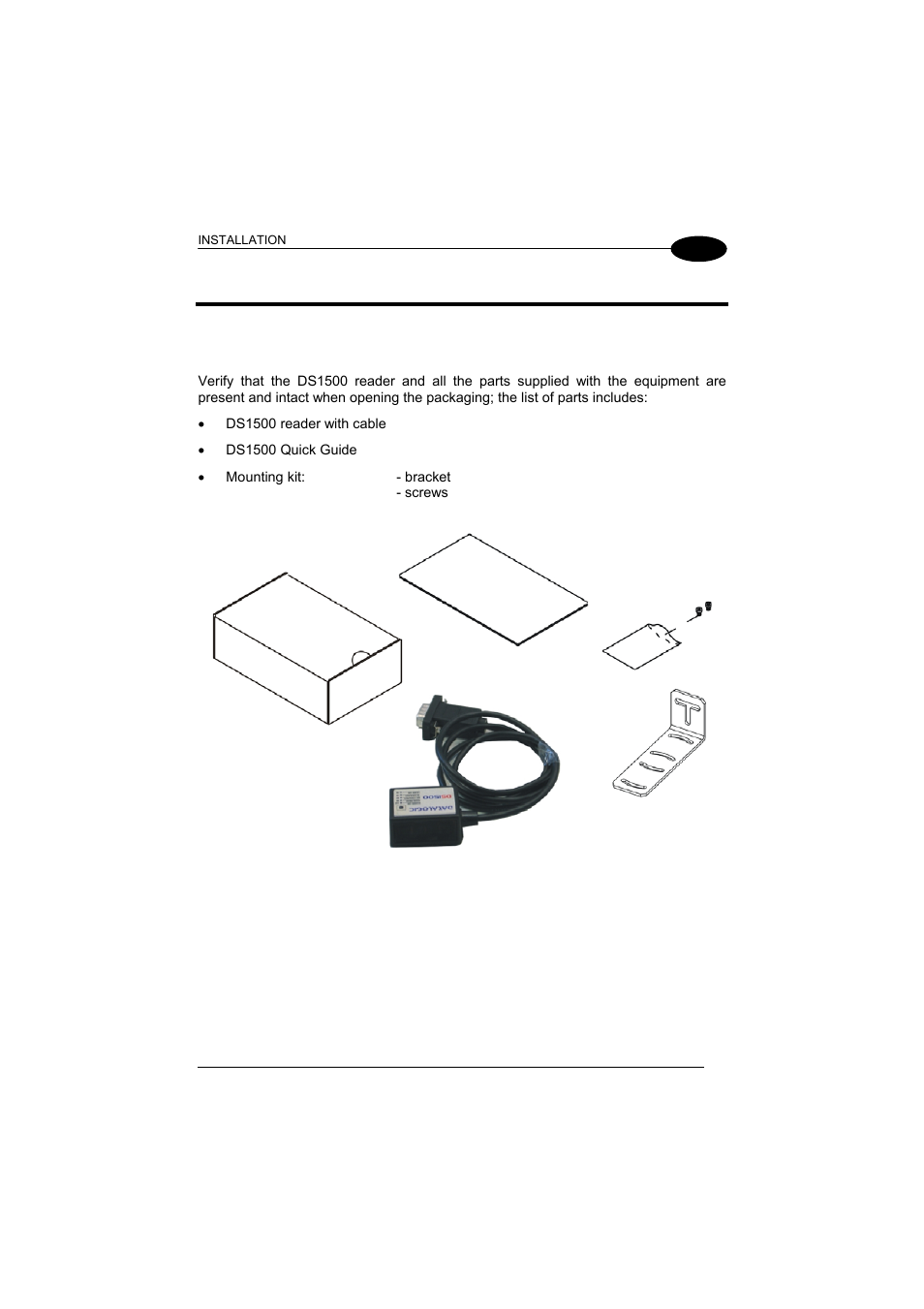 Installation, Package contents, 2 installation | Datalogic Scanning DS1500 User Manual | Page 19 / 65