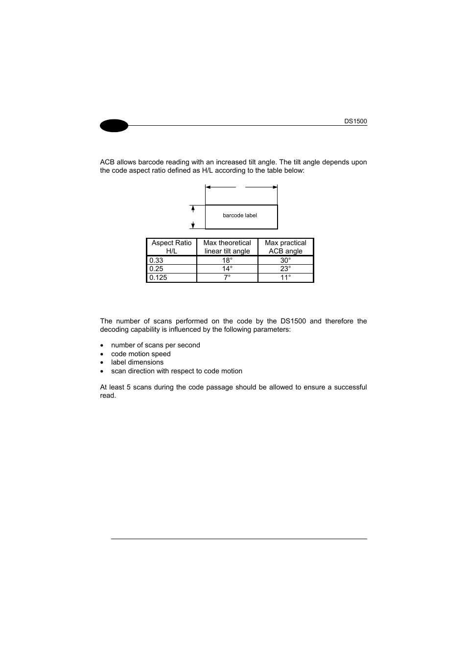 Tilt angle improvement with acb, Linear code reading | Datalogic Scanning DS1500 User Manual | Page 42 / 65