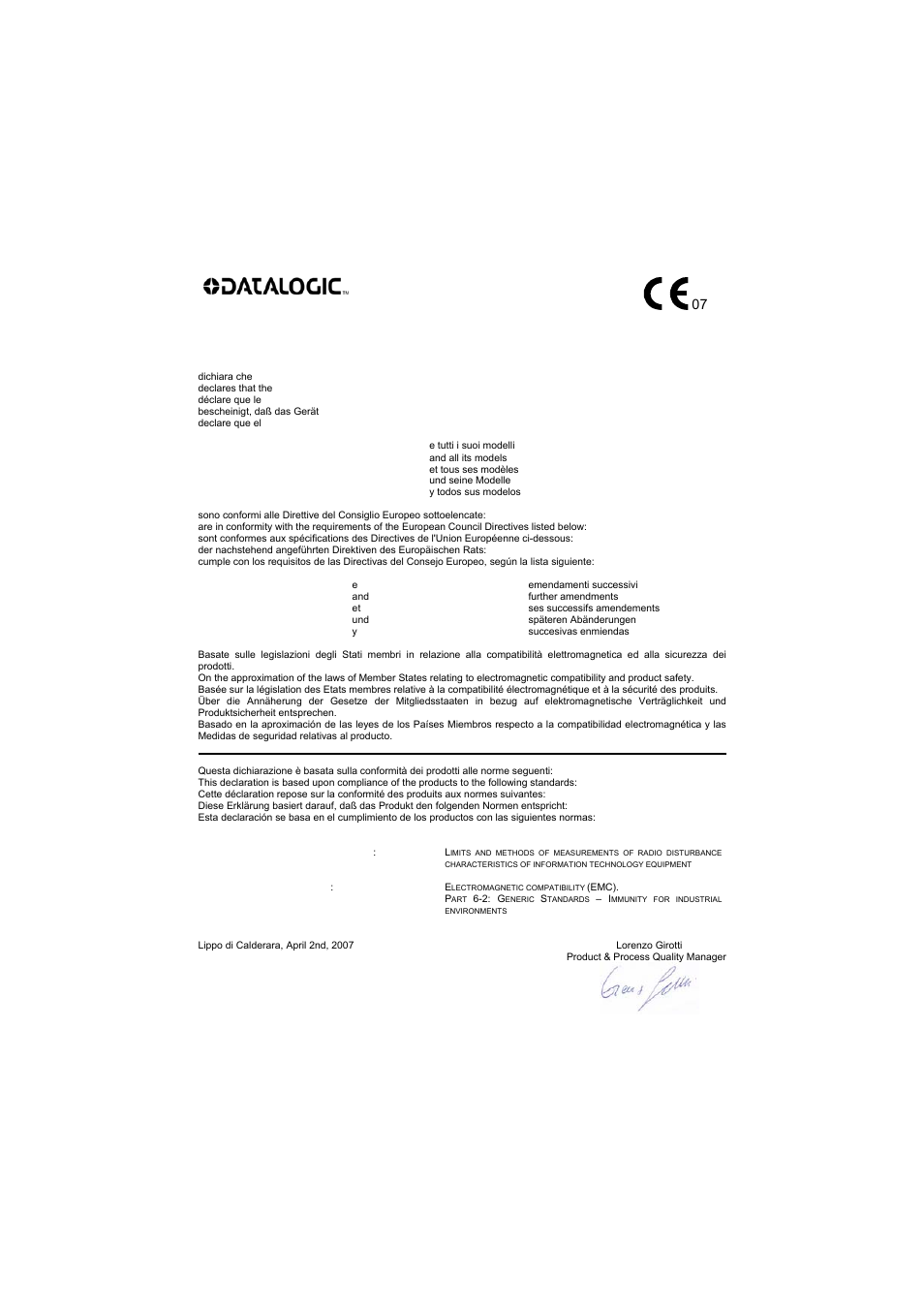 Declaration of conformity, Declaration of conformity 07 | Datalogic Scanning DS1500 User Manual | Page 64 / 65