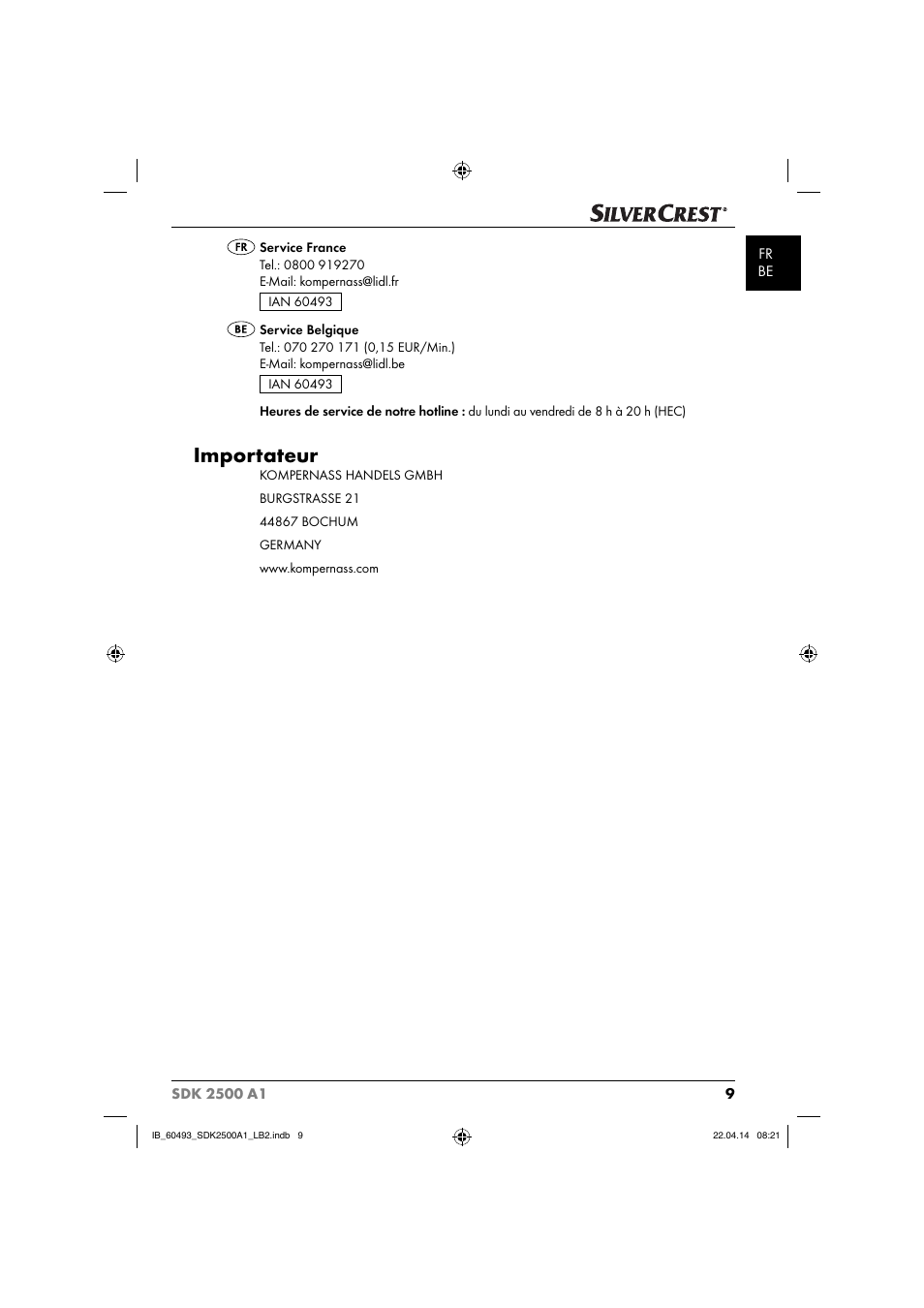 Importateur | Silvercrest SDK 2500 A1 User Manual | Page 12 / 32