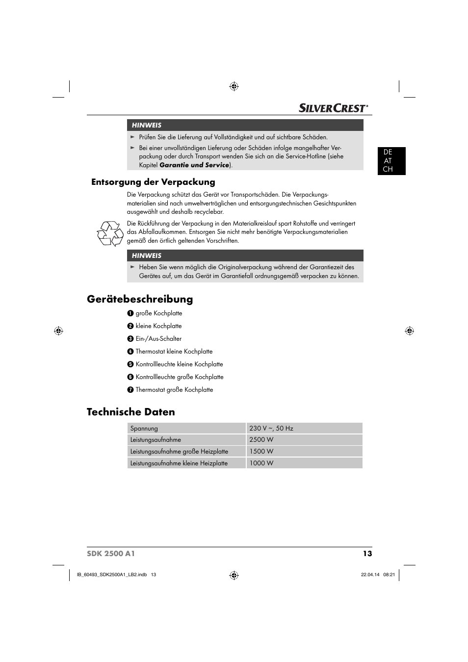 Gerätebeschreibung, Technische daten, Entsorgung der verpackung | Silvercrest SDK 2500 A1 User Manual | Page 16 / 32