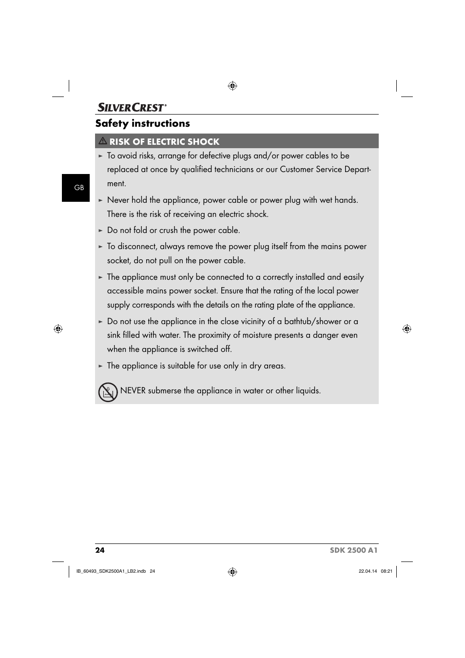 Safety instructions, Risk of electric shock, Do not fold or crush the power cable | Silvercrest SDK 2500 A1 User Manual | Page 27 / 32