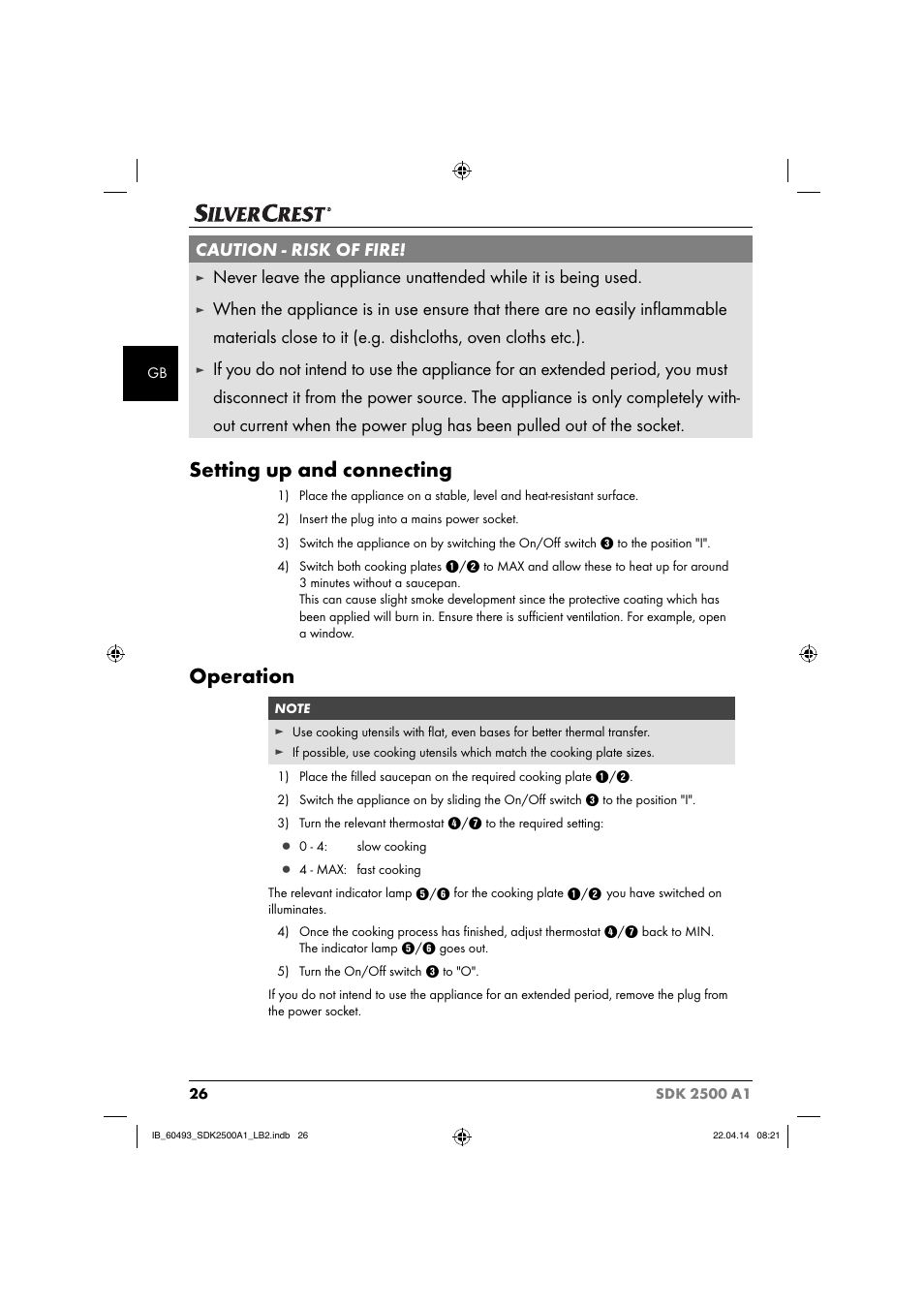 Setting up and connecting, Operation, Caution - risk of fire | Silvercrest SDK 2500 A1 User Manual | Page 29 / 32
