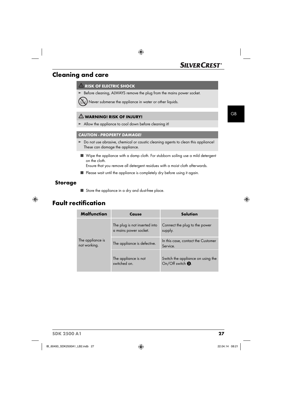 Cleaning and care, Fault rectiﬁ cation, Storage | Silvercrest SDK 2500 A1 User Manual | Page 30 / 32