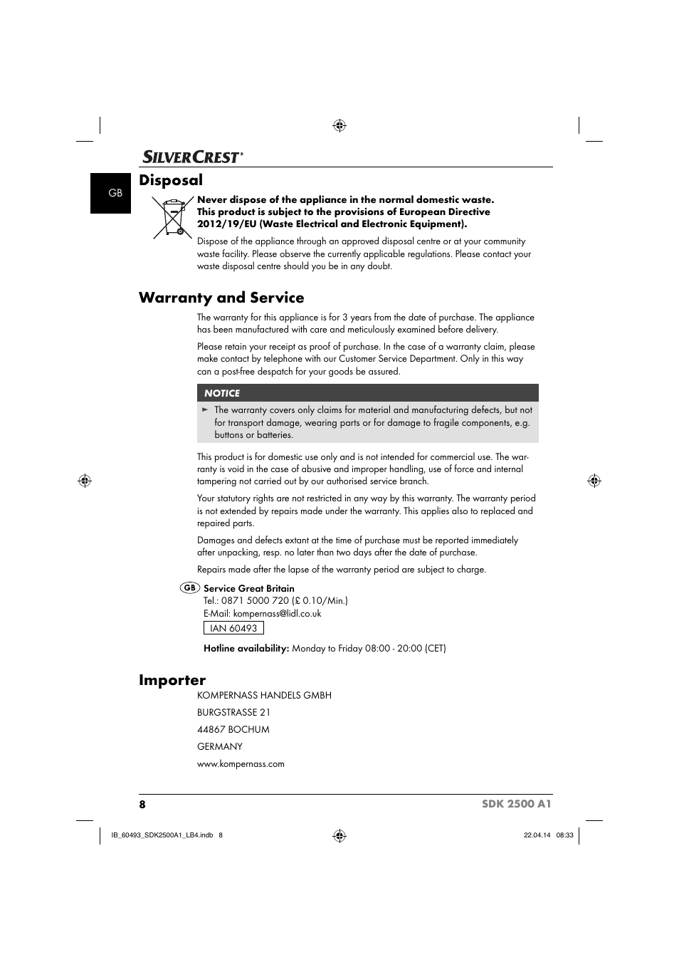 Disposal, Warranty and service, Importer | Silvercrest SDK 2500 A1 User Manual | Page 11 / 38