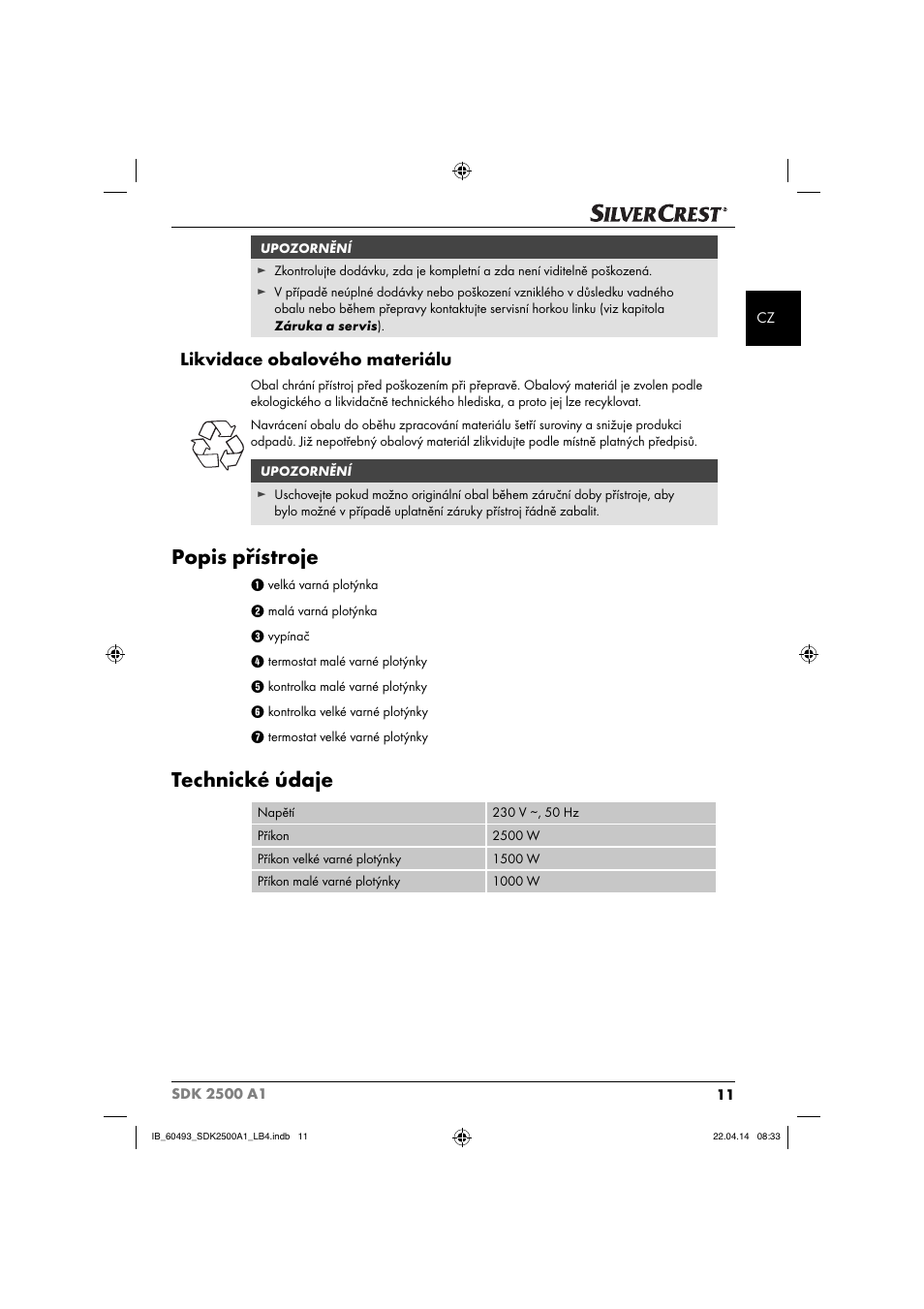 Popis přístroje, Technické údaje, Likvidace obalového materiálu | Silvercrest SDK 2500 A1 User Manual | Page 14 / 38
