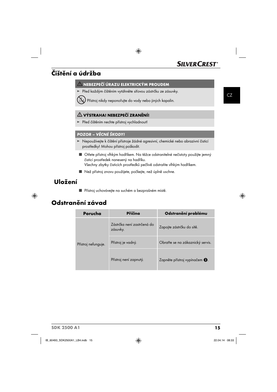 Čištění a údržba, Uložení, Odstranění závad | Silvercrest SDK 2500 A1 User Manual | Page 18 / 38