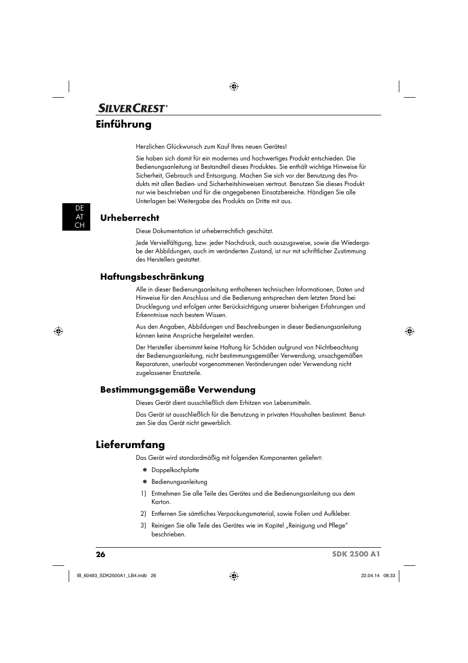 Einführung, Lieferumfang, Urheberrecht | Haftungsbeschränkung, Bestimmungsgemäße verwendung | Silvercrest SDK 2500 A1 User Manual | Page 29 / 38