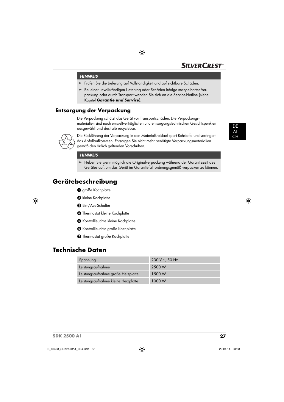 Gerätebeschreibung, Technische daten, Entsorgung der verpackung | Silvercrest SDK 2500 A1 User Manual | Page 30 / 38