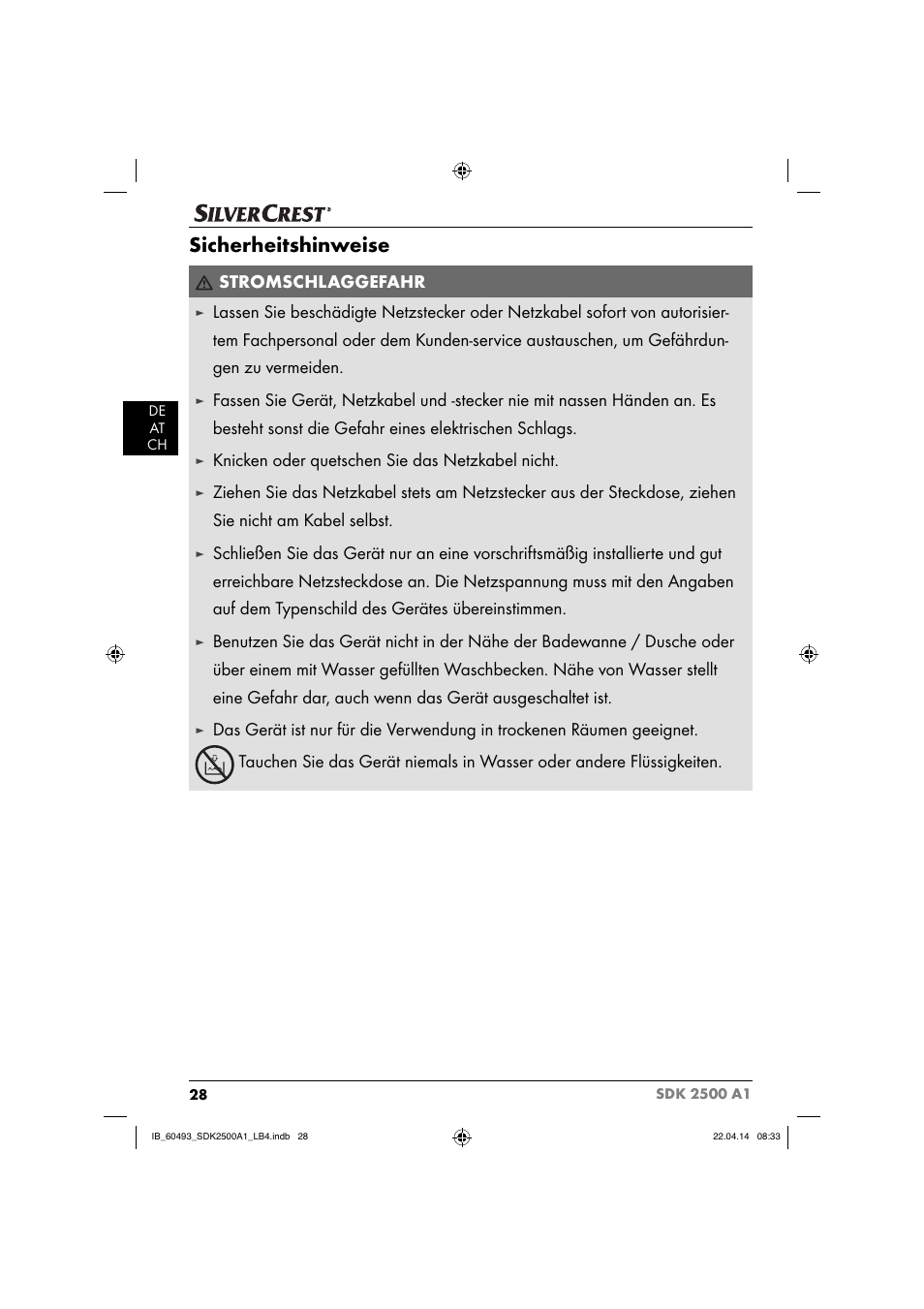 Sicherheitshinweise, Stromschlaggefahr, Knicken oder quetschen sie das netzkabel nicht | Silvercrest SDK 2500 A1 User Manual | Page 31 / 38