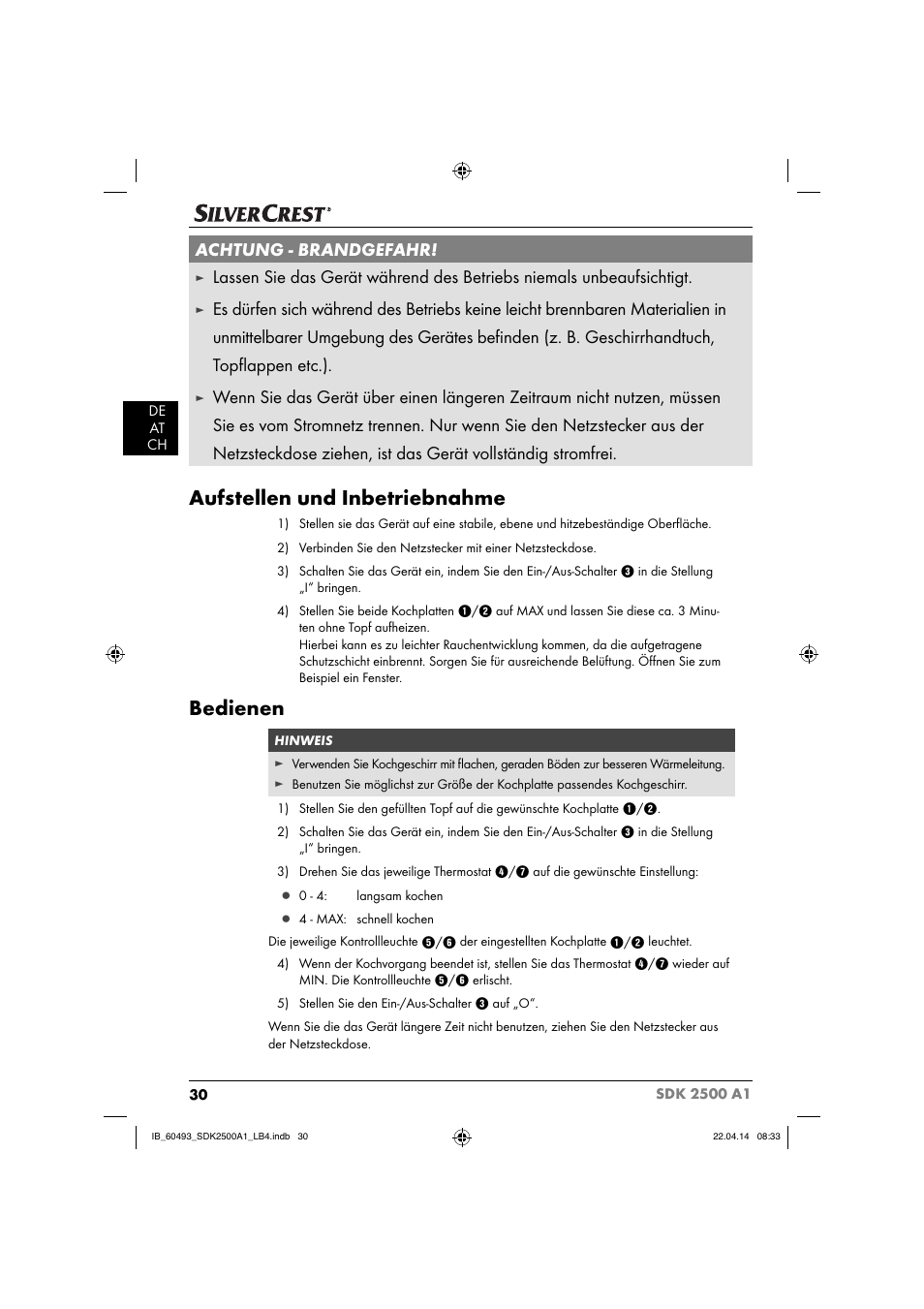 Aufstellen und inbetriebnahme, Bedienen, Achtung - brandgefahr | Silvercrest SDK 2500 A1 User Manual | Page 33 / 38