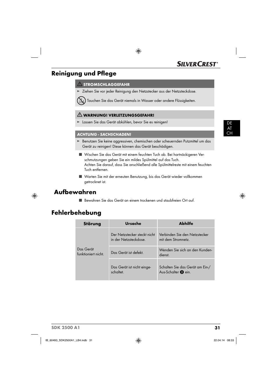 Reinigung und pﬂ ege, Aufbewahren, Fehlerbehebung | Silvercrest SDK 2500 A1 User Manual | Page 34 / 38