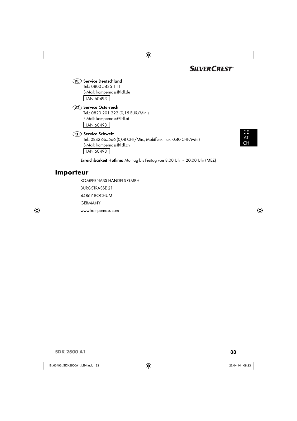 Importeur | Silvercrest SDK 2500 A1 User Manual | Page 36 / 38