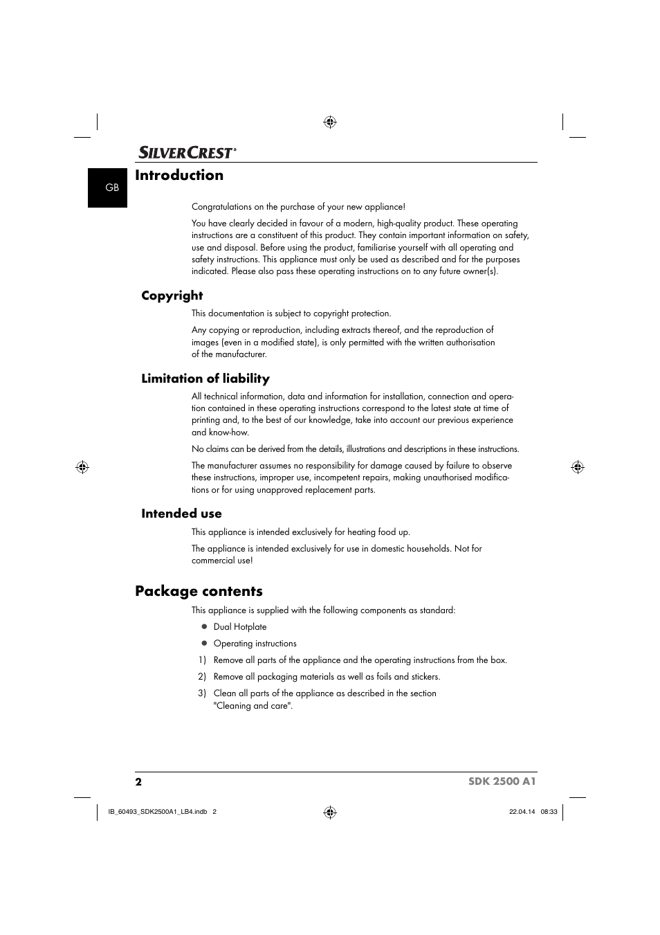 Introduction, Package contents, Copyright | Limitation of liability, Intended use | Silvercrest SDK 2500 A1 User Manual | Page 5 / 38