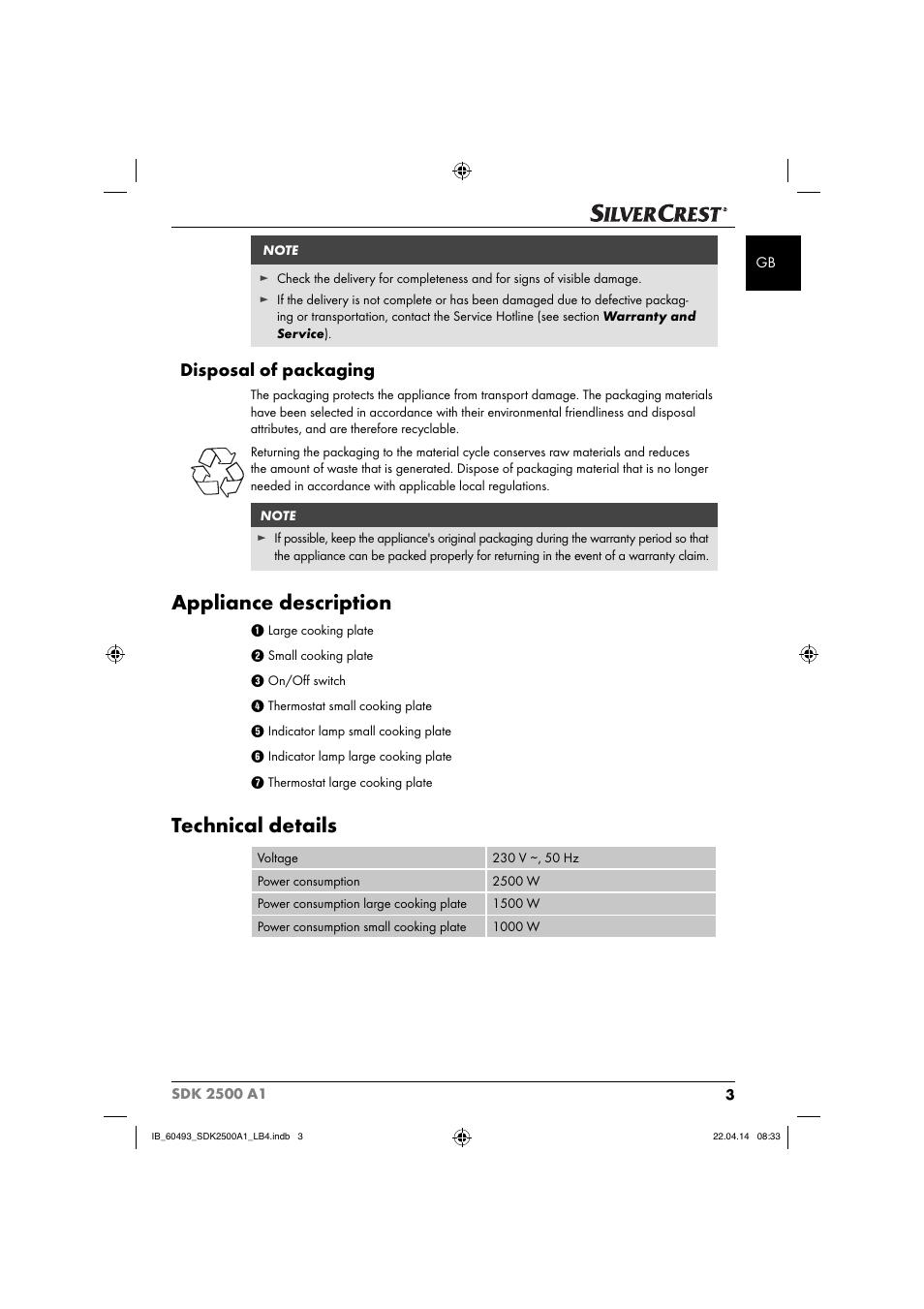 Appliance description, Technical details, Disposal of packaging | Silvercrest SDK 2500 A1 User Manual | Page 6 / 38
