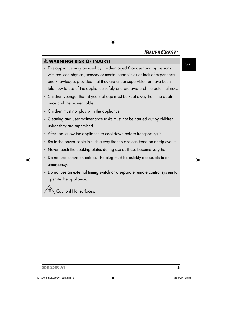 Warning! risk of injury, Children must not play with the appliance | Silvercrest SDK 2500 A1 User Manual | Page 8 / 38