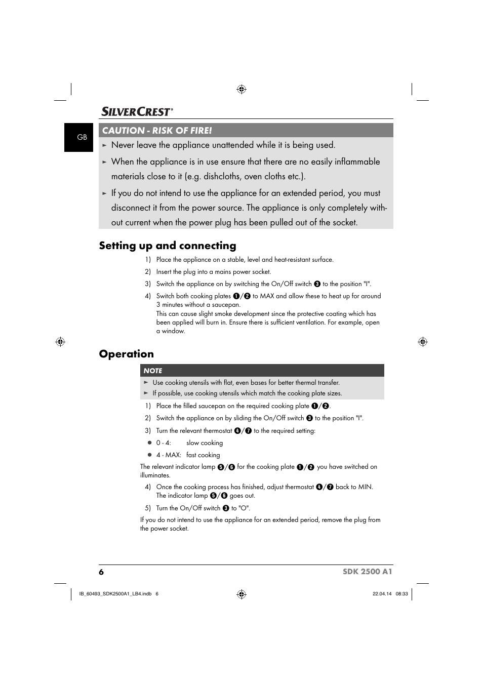 Setting up and connecting, Operation, Caution - risk of fire | Silvercrest SDK 2500 A1 User Manual | Page 9 / 38