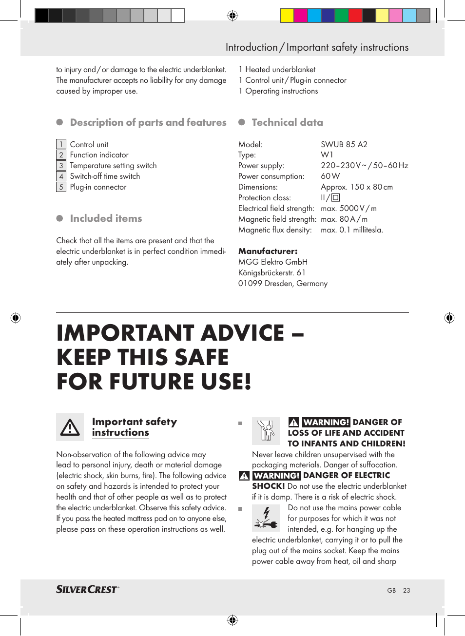 Important advice – keep this safe for future use, Introduction / important safety instructions | Silvercrest SWUB 85 A2 User Manual | Page 19 / 24