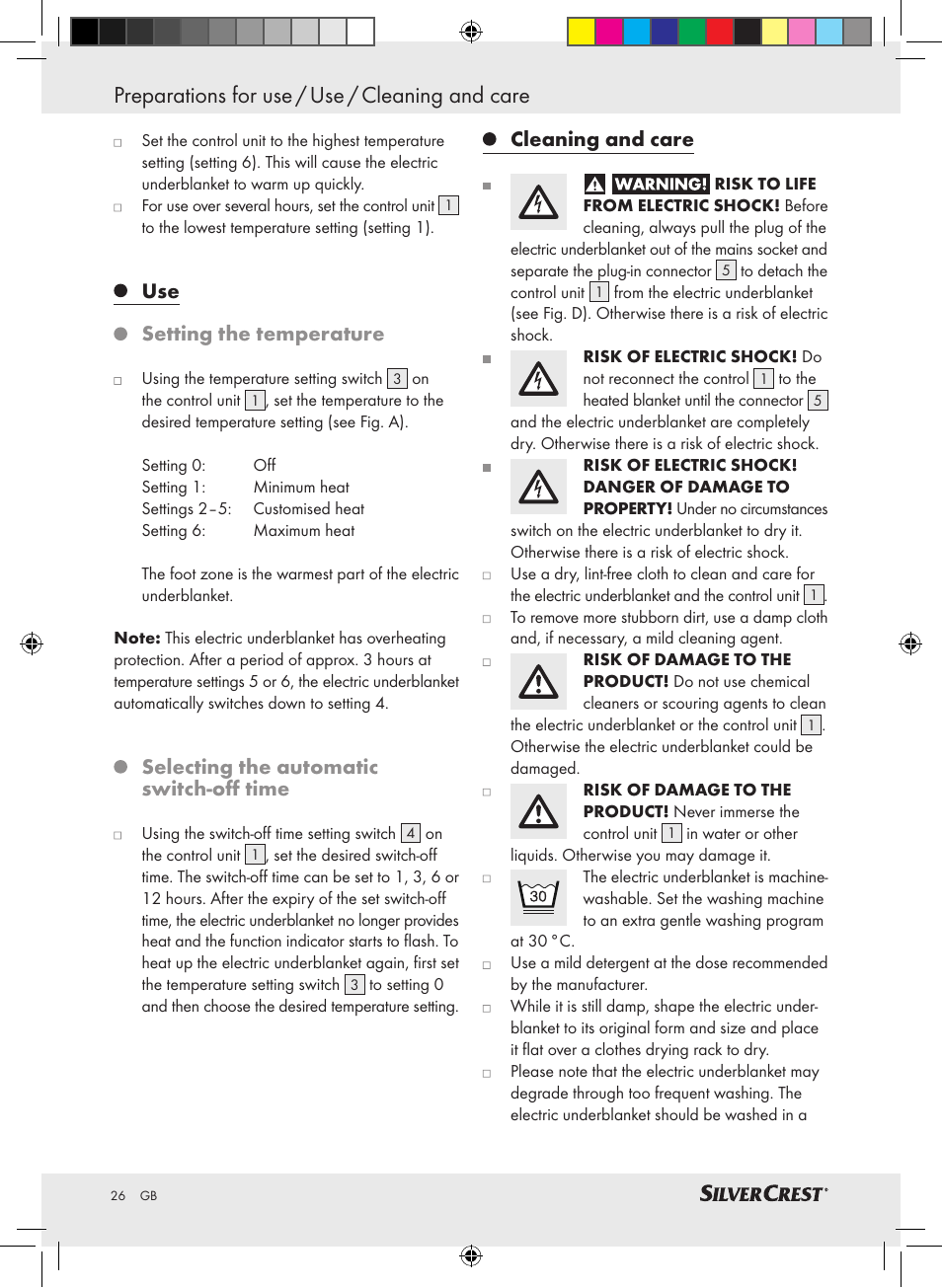 Preparations for use / use / cleaning and care, Use setting the temperature, Selecting the automatic switch-off time | Cleaning and care | Silvercrest SWUB 85 A2 User Manual | Page 22 / 24