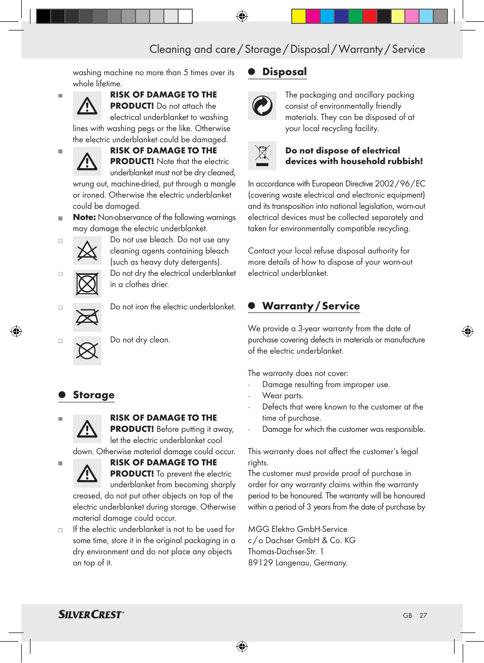 Storage, Disposal, Warranty / service | Silvercrest SWUB 85 A2 User Manual | Page 23 / 24