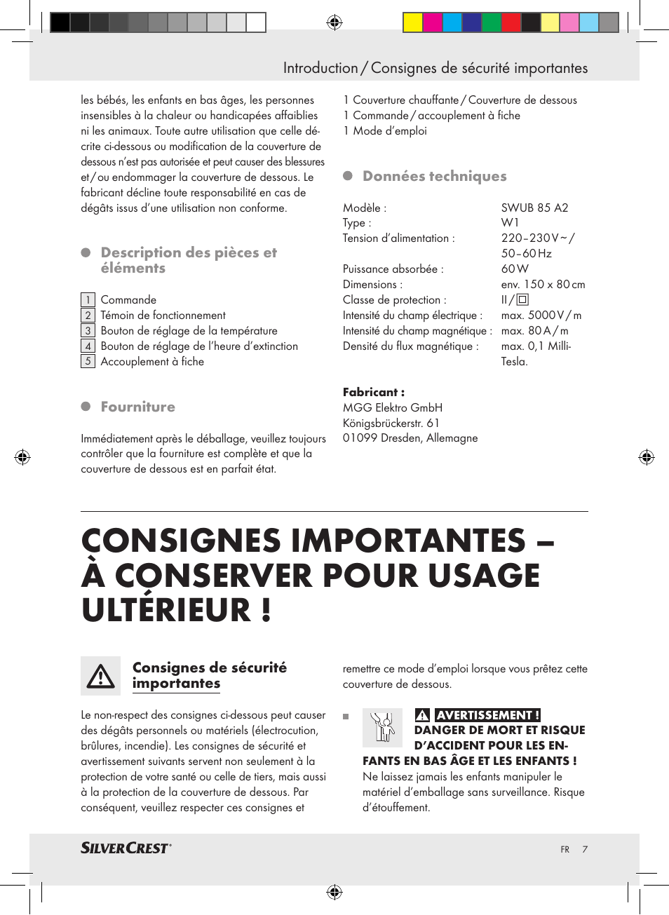 Introduction / consignes de sécurité importantes | Silvercrest SWUB 85 A2 User Manual | Page 3 / 24